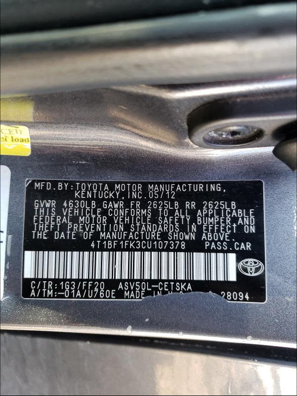 2012 TOYOTA CAMRY 4T1BF1FK3CU107378