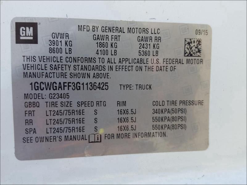 2016 CHEVROLET EXPRESS G2 1GCWGAFF3G1136425
