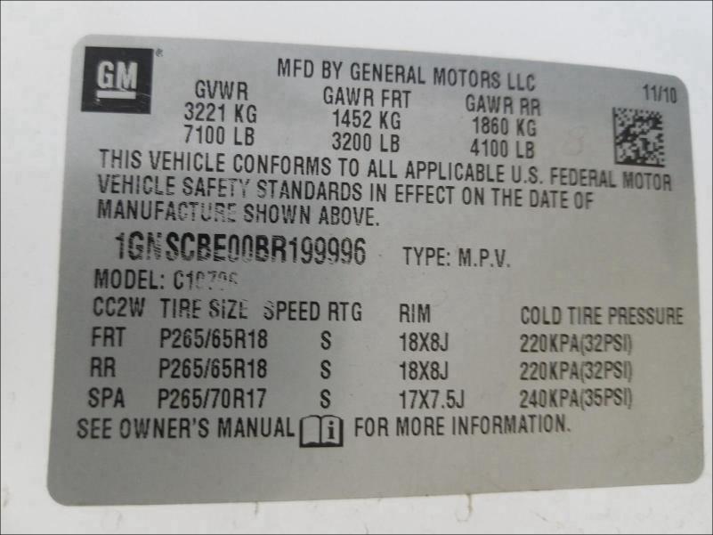 2011 CHEVROLET TAHOE C150 1GNSCBE00BR199996