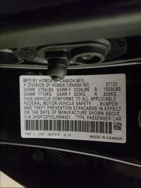 2020 HONDA CIVIC LX 2HGFC2F63LH564901
