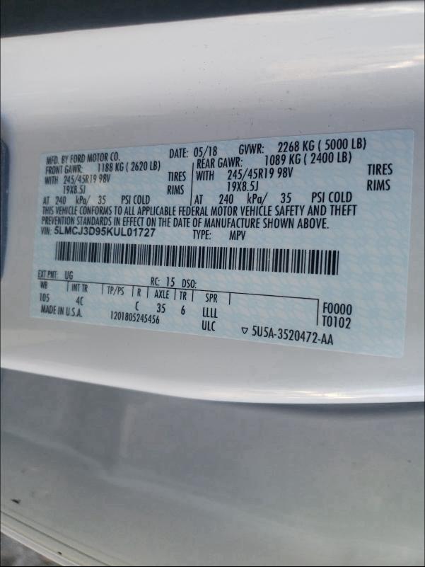 2019 LINCOLN MKC RESERV 5LMCJ3D95KUL01727