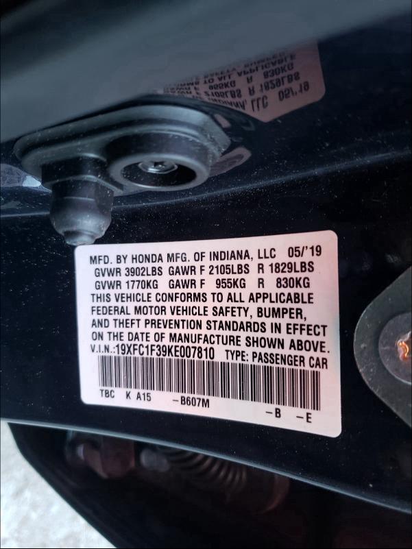 2019 HONDA CIVIC EX 19XFC1F39KE007810