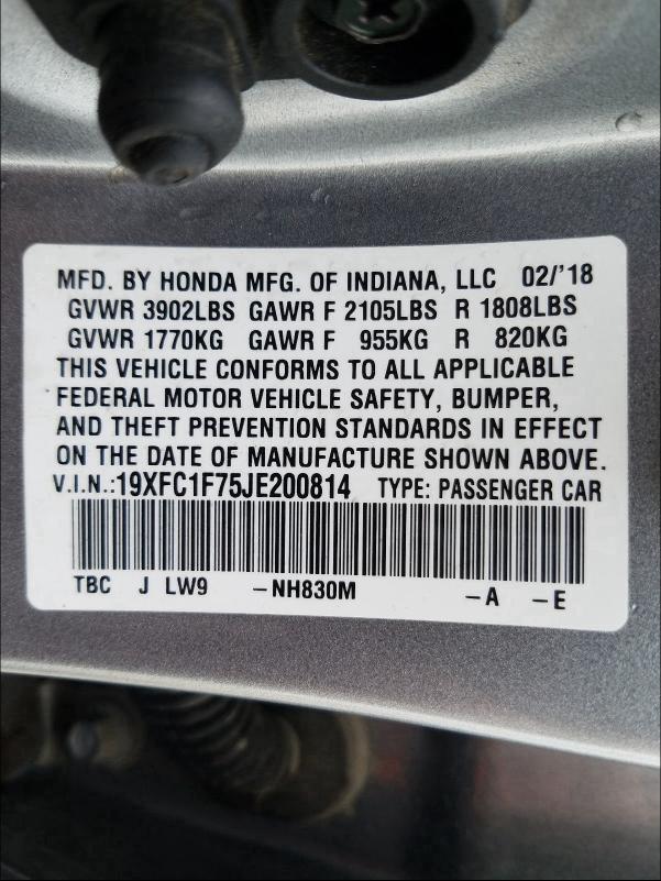 2018 HONDA CIVIC EXL 19XFC1F75JE200814