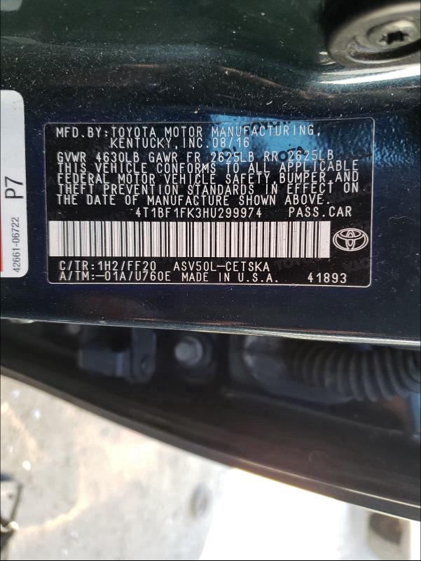 2017 TOYOTA CAMRY LE 4T1BF1FK3HU299974