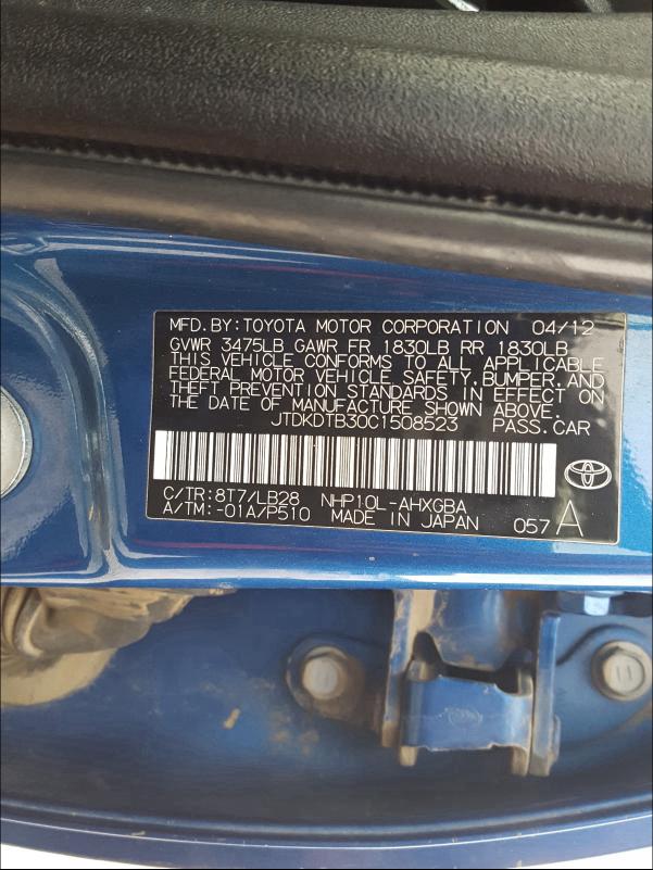 2012 TOYOTA PRIUS C JTDKDTB30C1508523