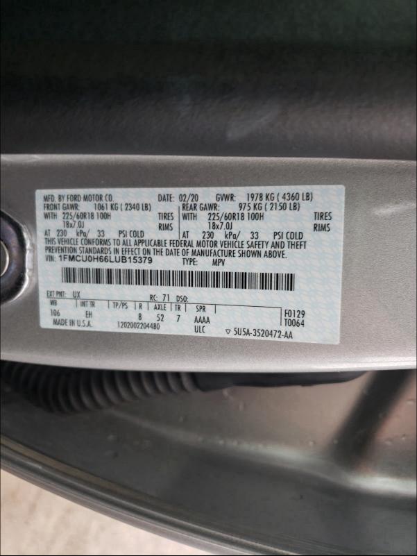 2020 FORD ESCAPE SEL 1FMCU0H66LUB15379