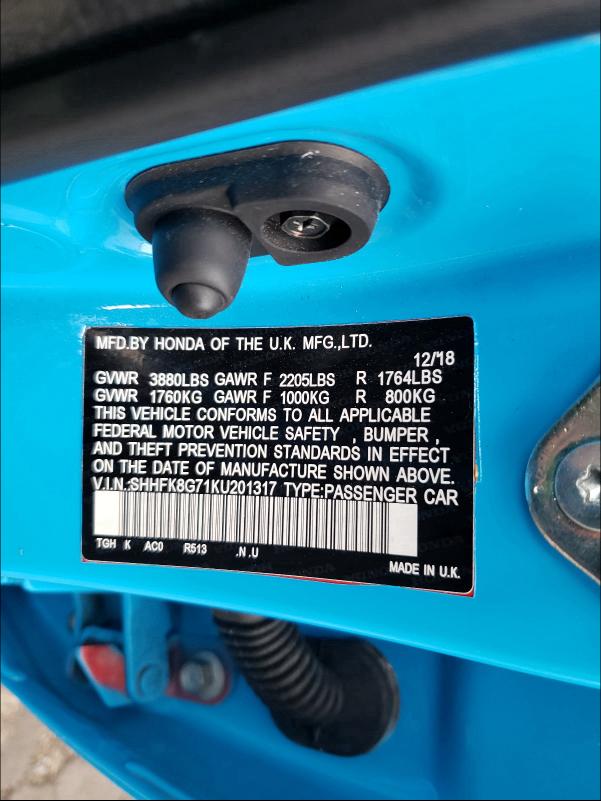 2019 HONDA CIVIC TYPE - SHHFK8G71KU201317
