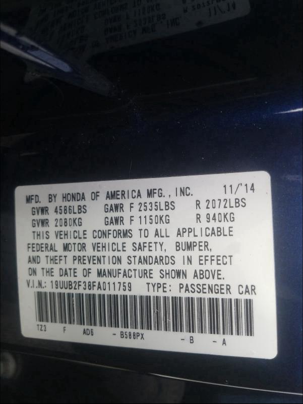 2015 ACURA TLX 19UUB2F38FA011759