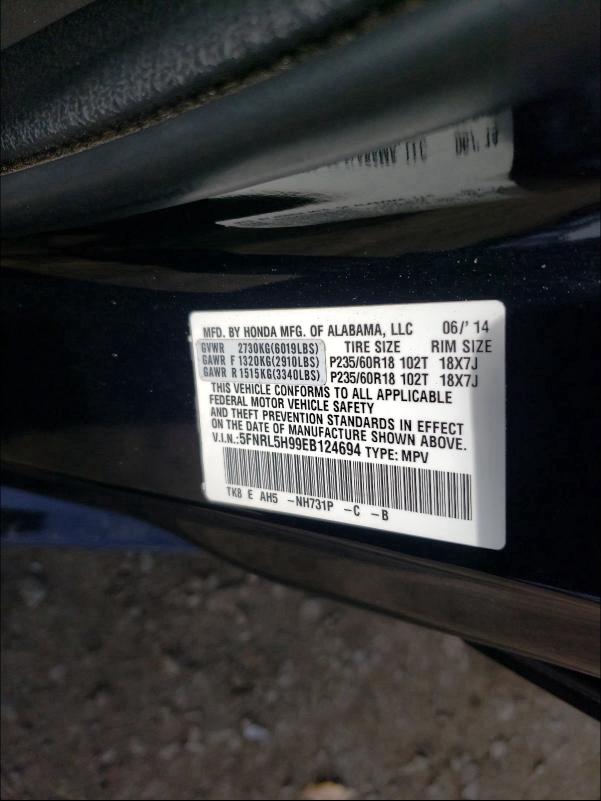 2014 HONDA ODYSSEY TO 5FNRL5H99EB124694