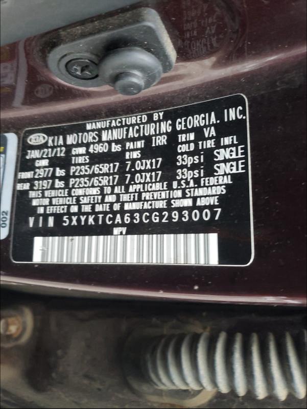 2012 KIA SORENTO BA 5XYKTCA63CG293007