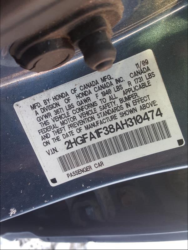 2010 HONDA CIVIC VP 2HGFA1F38AH310474