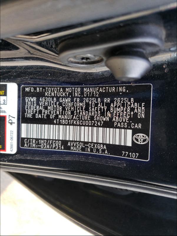 4T1BD1FK6CU007247 2012 Toyota Camry Hybr 2.5L