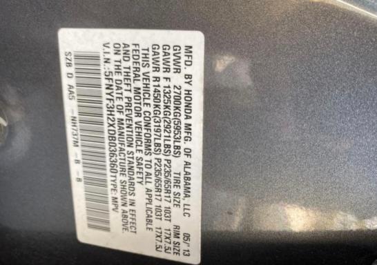 2013 HONDA PILOT LX 5FNYF3H2XDB036360