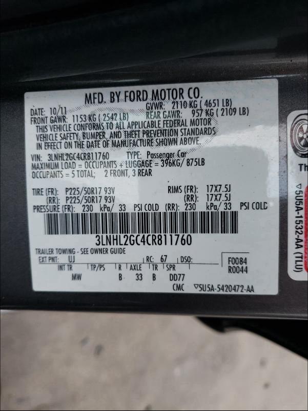 2012 LINCOLN MKZ 3LNHL2GC4CR811760