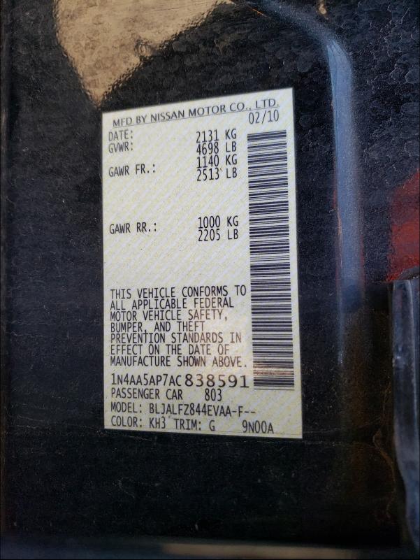 1N4AA5AP7AC838591 2010 Nissan Maxima S 3.5L
