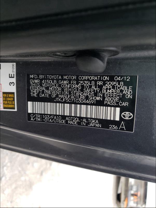 2012 TOYOTA SCION TC JTKJF5C71C3044691