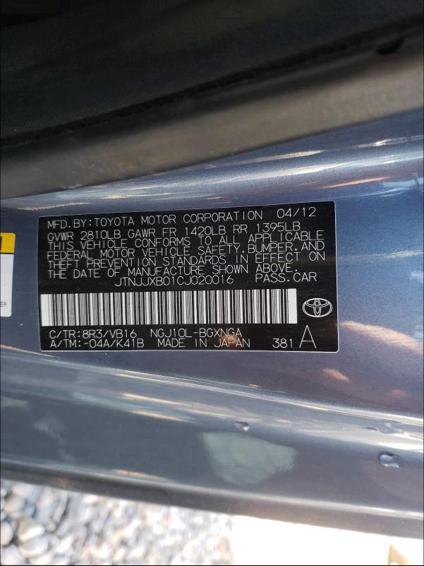 2012 TOYOTA SCION IQ JTNJJXB01CJ020016