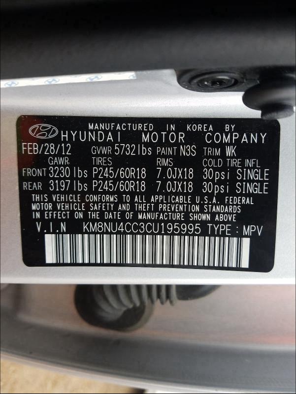 2012 HYUNDAI VERACRUZ G KM8NU4CC3CU195995