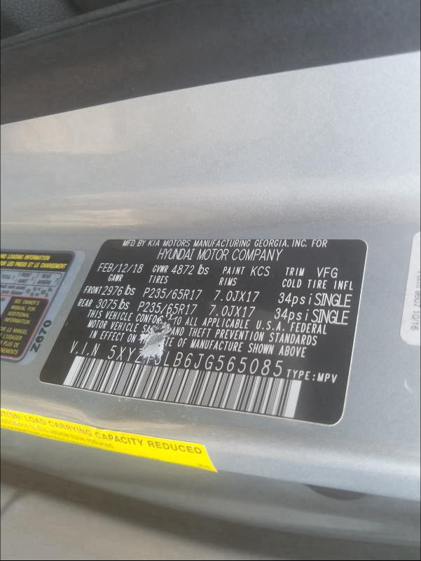 VIN: 5XYZT3LB6JG565085 Auction: COPART Lot: 29694451 Location: SC - COLUMBIA 5XYZT3LB6JG565085 HYUNDAI SANTA FE 2018 GRAY Photo 10