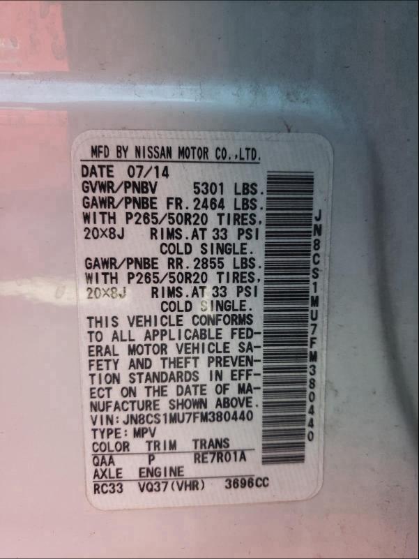 2015 INFINITI QX70 JN8CS1MU7FM380440