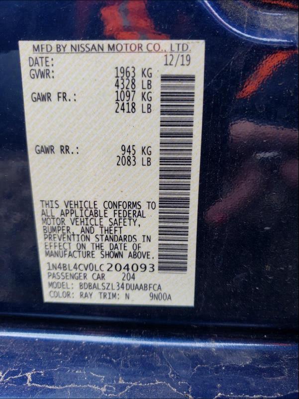 2020 NISSAN ALTIMA SR 1N4BL4CV0LC204093