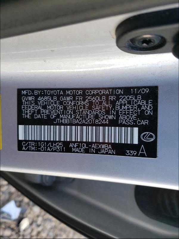 2010 LEXUS HS 250H JTHBB1BA2A2018244