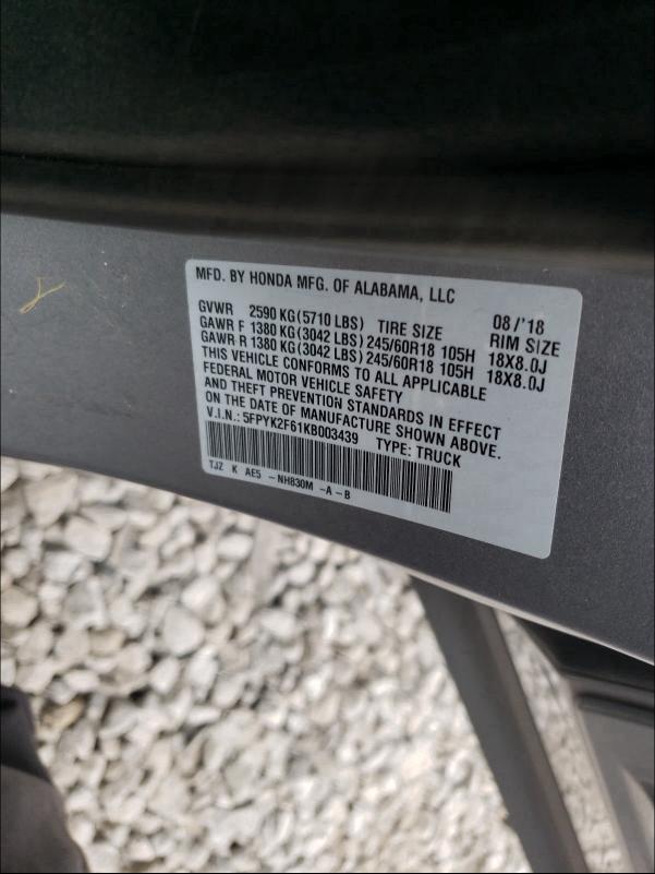 2019 HONDA RIDGELINE 5FPYK2F61KB003439