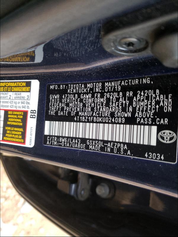 2019 TOYOTA AVALON XLE 4T1BZ1FB0KU024089