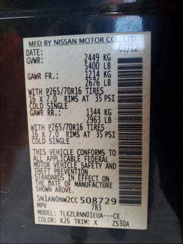 2012 NISSAN XTERRA OFF 5N1AN0NW2CC508729