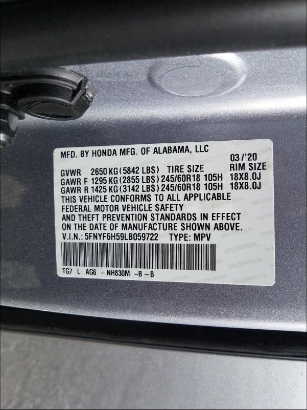 2020 HONDA PILOT EXL 5FNYF6H59LB059722