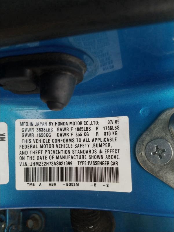 2010 HONDA INSIGHT EX JHMZE2H73AS021399