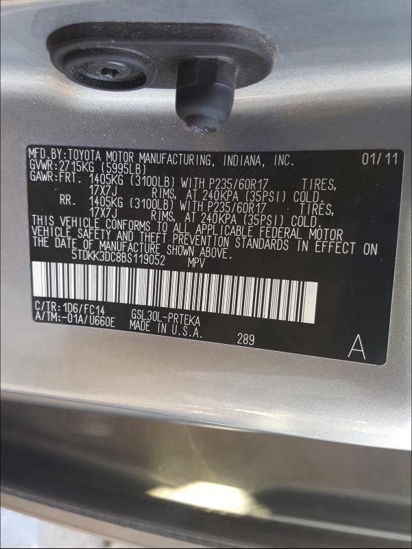 5TDKK3DC8BS119052 2011 Toyota Sienna Le 3.5L