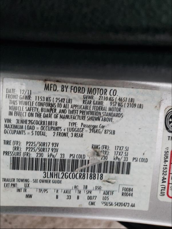 2012 LINCOLN MKZ 3LNHL2GC0CR818818