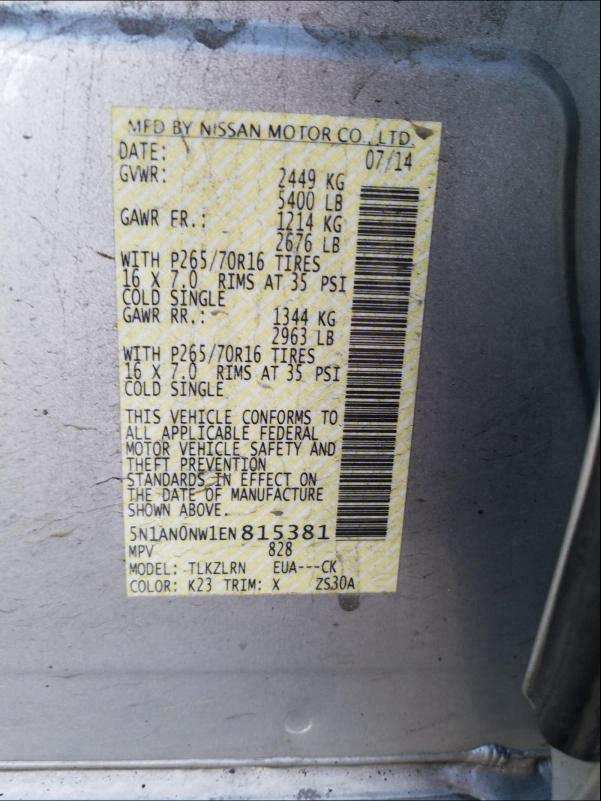 2014 NISSAN XTERRA X 5N1AN0NW1EN815381