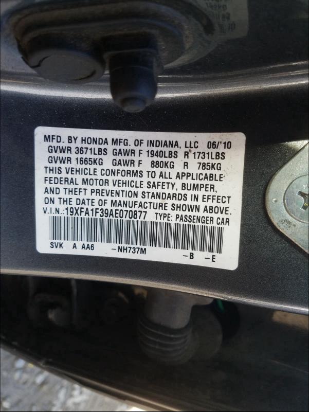 2010 HONDA CIVIC VP - 19XFA1F39AE070877
