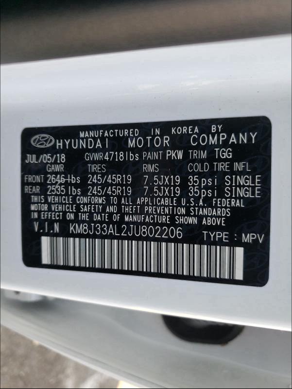 2018 HYUNDAI TUCSON SPO KM8J33AL2JU802206