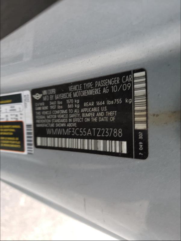 2010 MINI COOPER WMWMF3C55ATZ23788