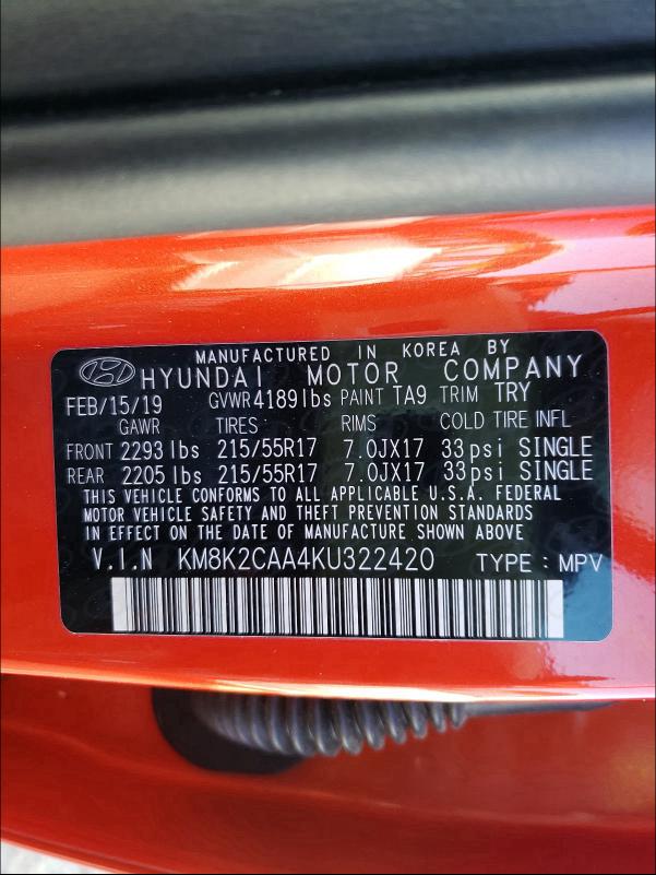 2019 HYUNDAI KONA SEL KM8K2CAA4KU322420