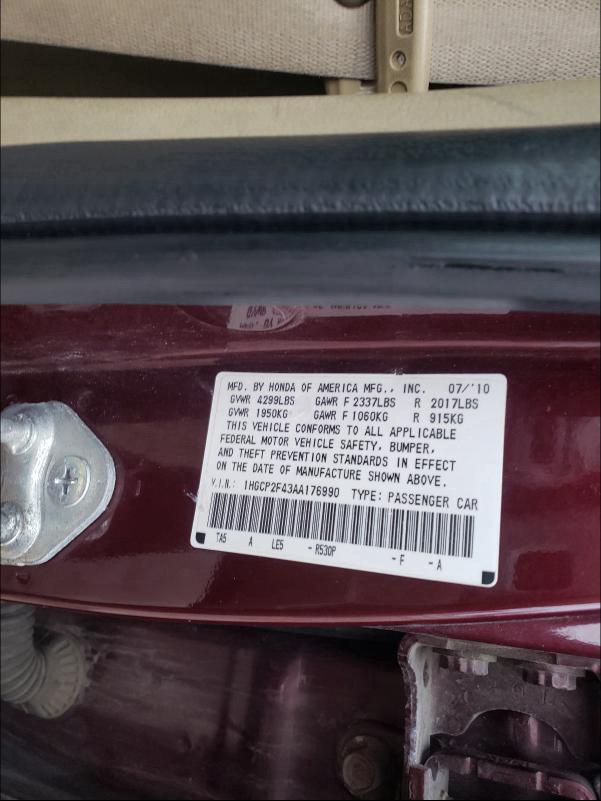 2010 HONDA ACCORD LXP 1HGCP2F43AA176990