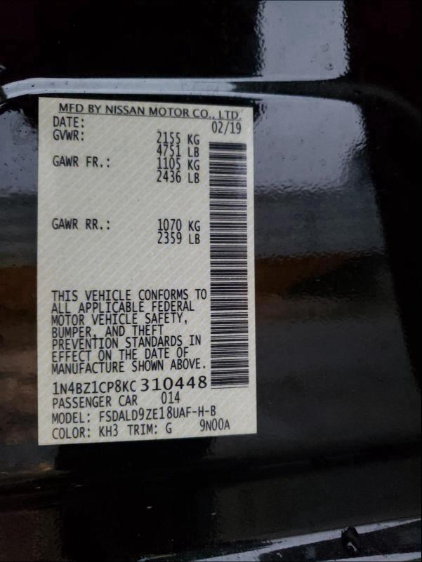 2019 NISSAN LEAF S PLU 1N4BZ1CP8KC310448