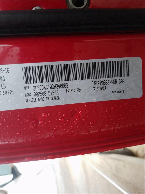 VIN: 2C3CDXCT0GH340663 Auction: COPART Lot: 29696341 Location: SC - COLUMBIA 2C3CDXCT0GH340663 DODGE CHARGER 2016 RED Photo 10