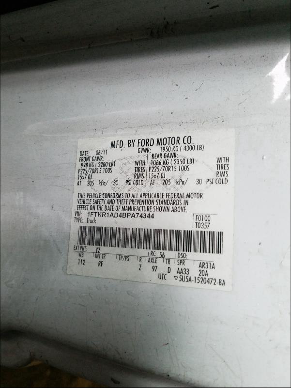 2011 FORD RANGER 1FTKR1AD4BPA74344