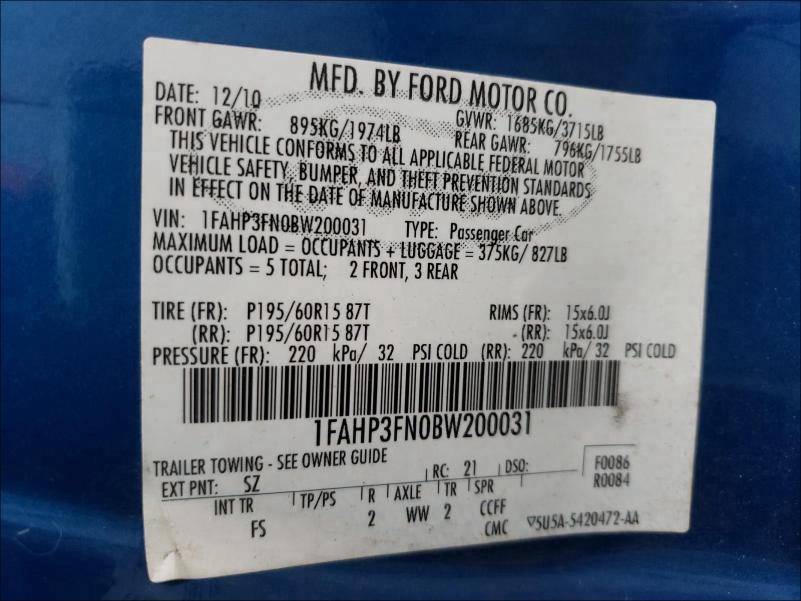 1FAHP3FN0BW200031 2011 Ford Focus Se 2.0L