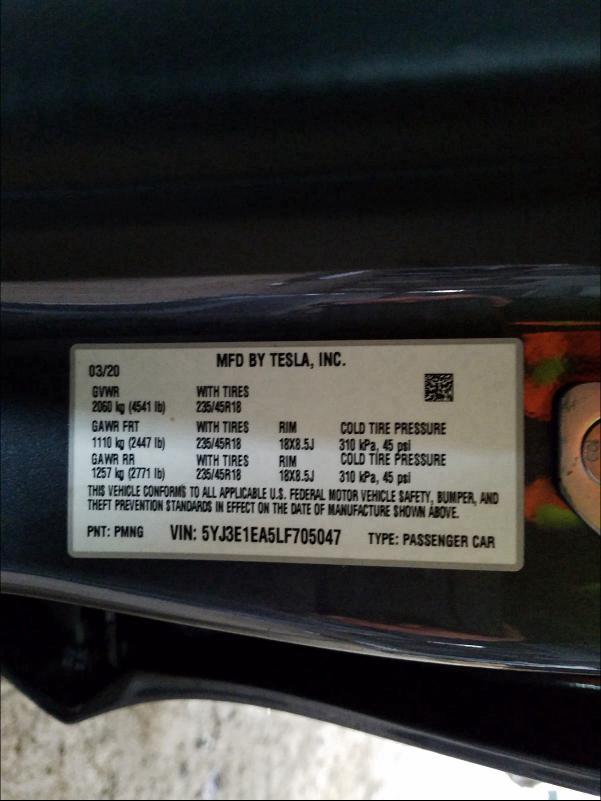2020 TESLA MODEL 3 5YJ3E1EA5LF705047