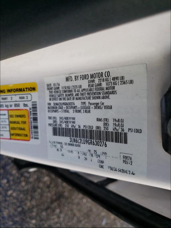 2016 LINCOLN MKZ HYBRID 3LN6L2LU9GR630276