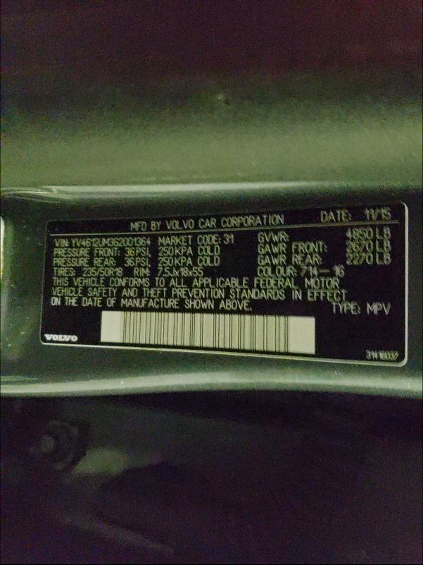 2016 VOLVO S60 CROSS YV4612UM3G2001364