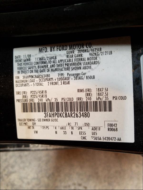 2010 FORD FUSION SPO 3FAHP0KC8AR263480