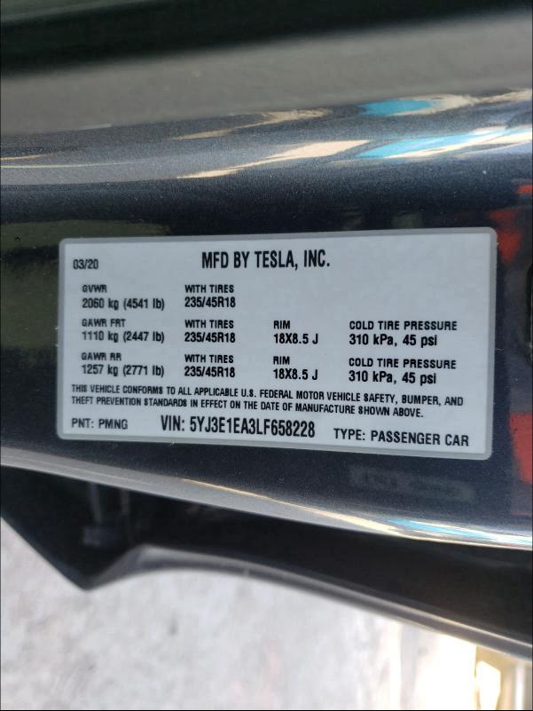 2020 TESLA MODEL 3 5YJ3E1EA3LF658228