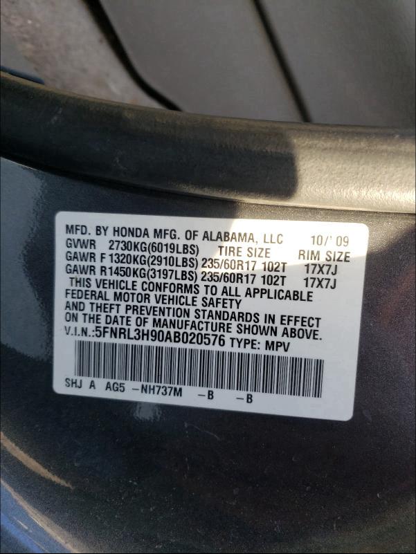 2010 HONDA ODYSSEY TO 5FNRL3H90AB020576