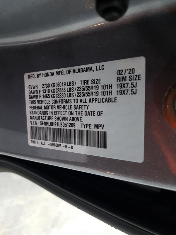 2020 HONDA ODYSSEY EL 5FNRL6H91LB051209